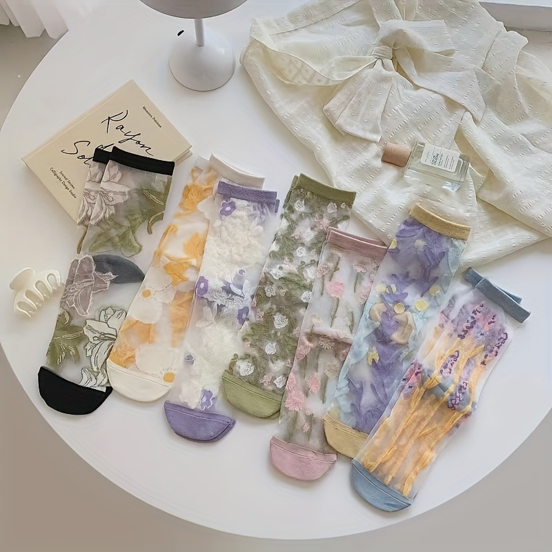 7 Pairs Women's Floral Transparent Socks, Crystal Silk Mid-calf Length, Summer Ultra-thin Breathable Glass Socks
7 Pairs Women's Floral Transparent Socks, Crystal Silk Mid-calf Length, Summer Ultra-thin Breathable Glass Socks