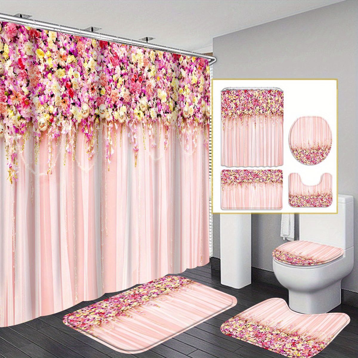 1pcs/4pcs Pink Flower Shower Curtain Gift Modern Home Bathroom Decoration Curtain And Toilet Floor Mat 3-piece Set With 12 Shower Curtain Hooks
1pcs/4pcs Pink Flower Shower Curtain Gift Modern Home Bathroom Decoration Curtain And Toilet Floor Mat 3-piece Set With 12 Shower Curtain Hooks