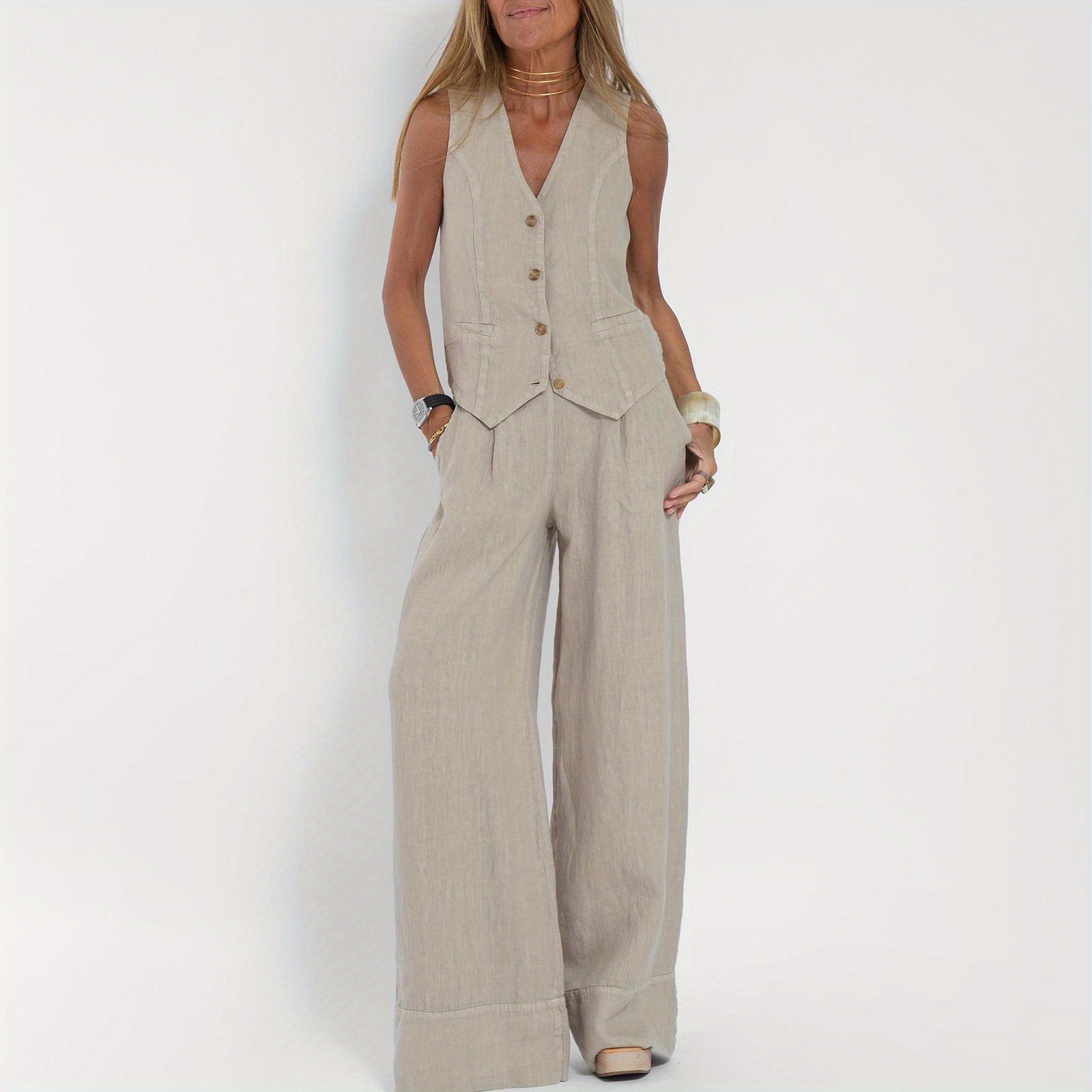 Solid Color Slant Pocket Blazer Set, Sleeveless Button Vest & Wide Leg Pants, Women's Clothing
Solid Color Slant Pocket Blazer Set, Sleeveless Button Vest & Wide Leg Pants, Women's Clothing