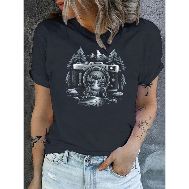 Camera Print T-shirt, Casual Crew Neck Short Sleeve Comfort Fit Summer T-shirt, Women's Clothing
Camera Print T-shirt, Casual Crew Neck Short Sleeve Comfort Fit Summer T-shirt, Women's Clothing