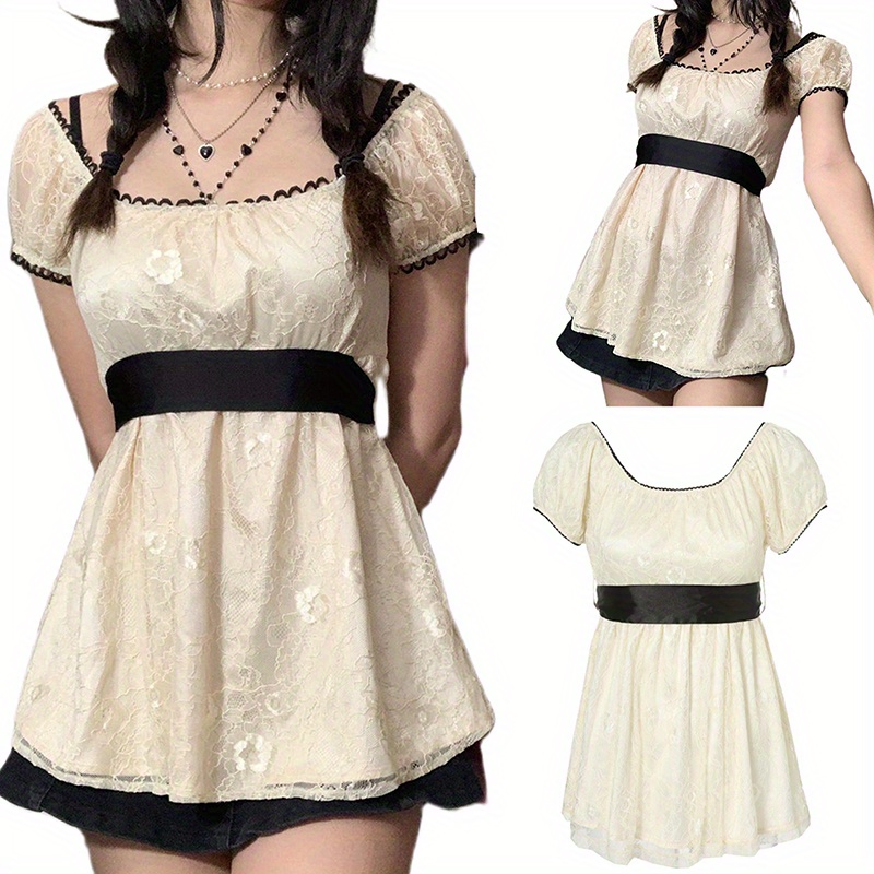 Women Long Tops, Patchwork Short Sleeve A-line Shirt Vintage Girl Lace Holiday Streetwear
Women Long Tops, Patchwork Short Sleeve A-line Shirt Vintage Girl Lace Holiday Streetwear