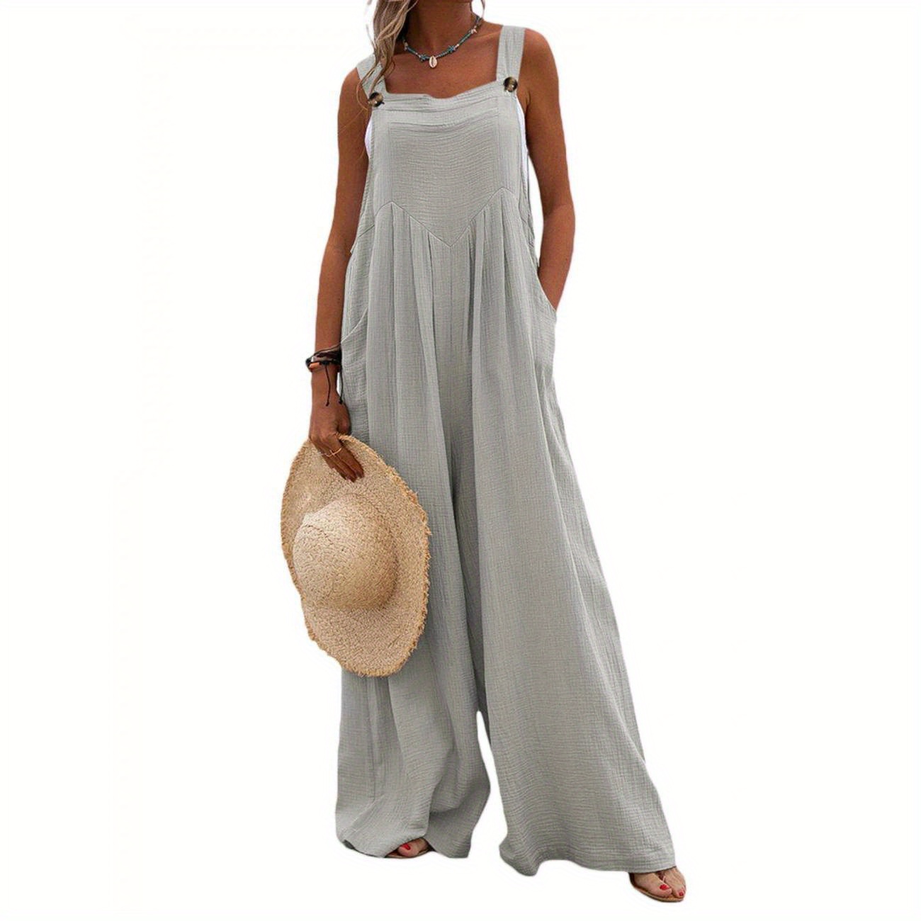 Solid Square Neck Overall Jumpsuit, Casual Button Decor With Pockets Sleeveless Overall Jumpsuit For Spring & Summer, Women's Clothing
Solid Square Neck Overall Jumpsuit, Casual Button Decor With Pockets Sleeveless Overall Jumpsuit For Spring & Summer, Women's Clothing