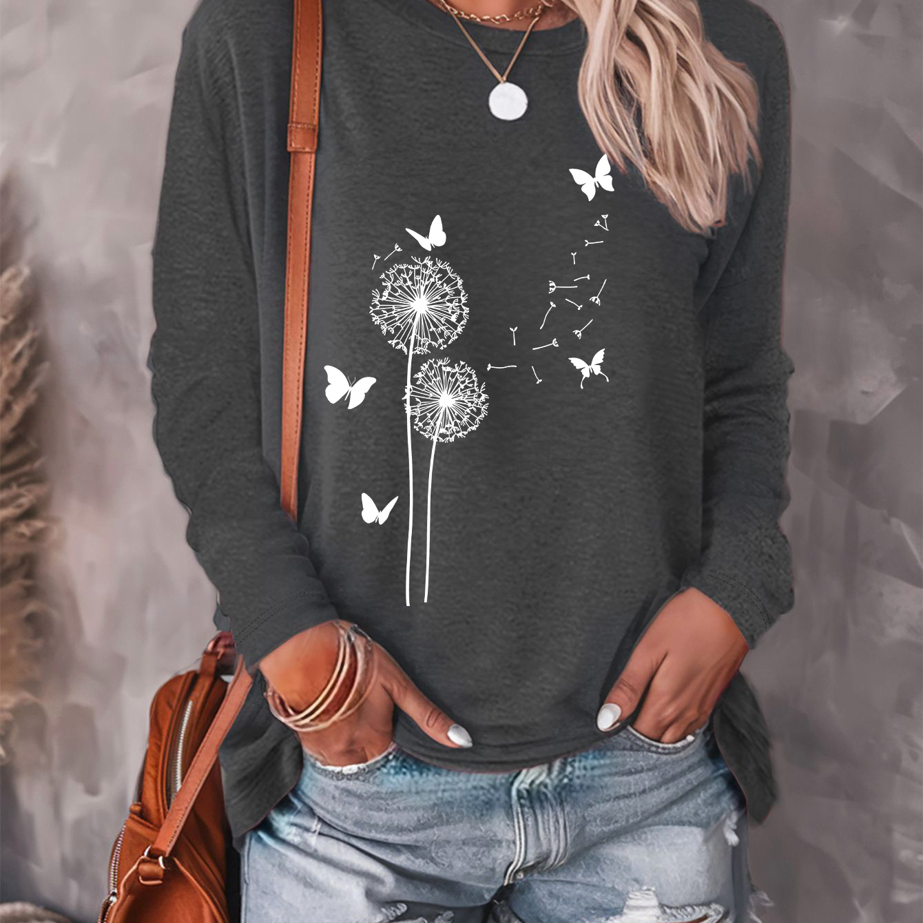 Dandelion & Butterfly Print T-shirt, Casual Crew Neck Long Sleeve Top For Spring & Fall, Women's Clothing
Dandelion & Butterfly Print T-shirt, Casual Crew Neck Long Sleeve Top For Spring & Fall, Women's Clothing