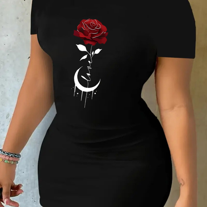 Rose Print Bodycon Tee Dress, Short Sleeve Crew Neck Casual Dress For Summer & Spring, Women's Clothing
Rose Print Bodycon Tee Dress, Short Sleeve Crew Neck Casual Dress For Summer & Spring, Women's Clothing