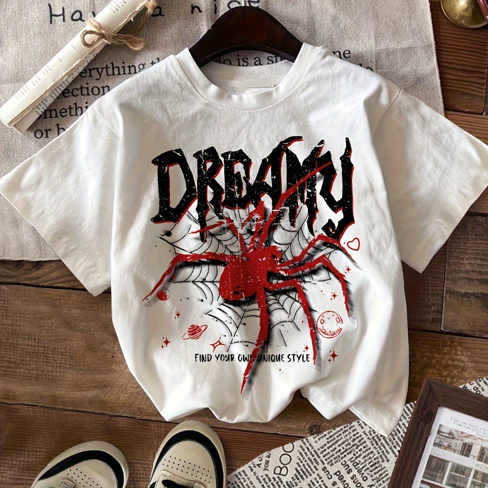 Letter & Spider Print Casual T-shirt - Short Sleeve, Soft & Breathable, Round Neck Tee - Fashionable Everyday Style, Trendy Graphic, Comfort Fit
Letter & Spider Print Casual T-shirt - Short Sleeve, Soft & Breathable, Round Neck Tee - Fashionable Everyday Style, Trendy Graphic, Comfort Fit