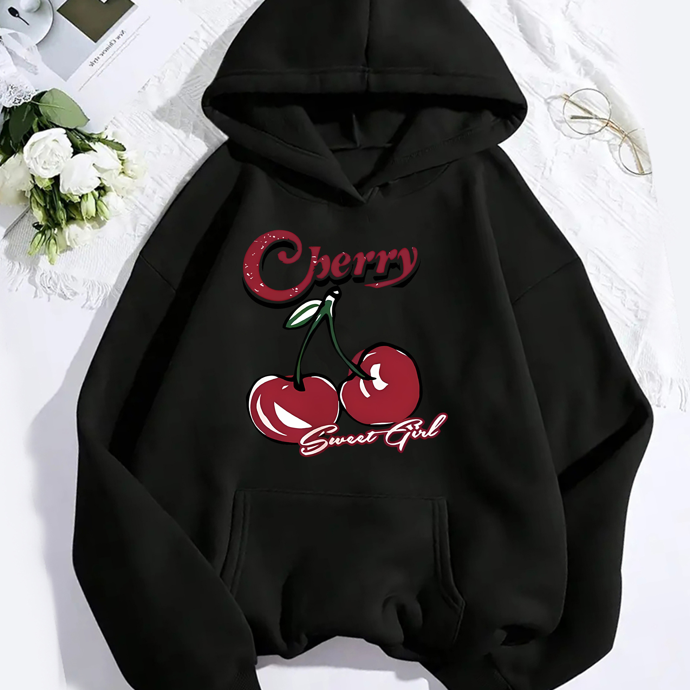 Fashionable Hooded Sweatshirt With Cherry Pattern, Drawstring Long Sleeve Front Pocket Sweatshirt, Women' Sweatshirt For Fall & Winter
Fashionable Hooded Sweatshirt With Cherry Pattern, Drawstring Long Sleeve Front Pocket Sweatshirt, Women' Sweatshirt For Fall & Winter