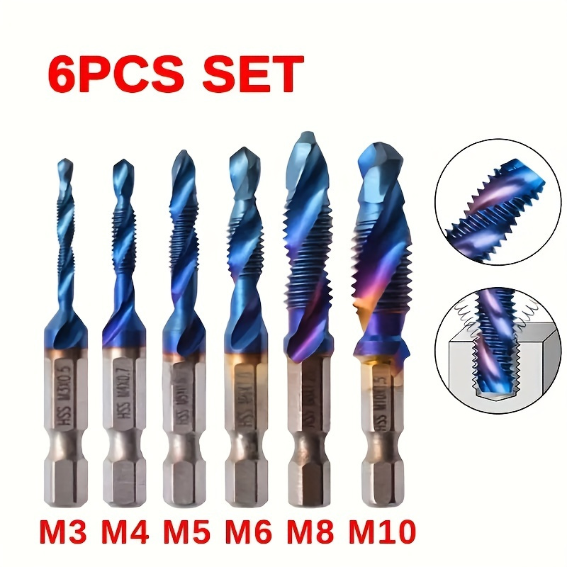 6pcs Titanium Plated Hex Shank Hss Screw Thread Metric Tap Drill Bits Screw Machine Compound M3 M4 M5 M6 M8 M10 Hand Tools
6pcs Titanium Plated Hex Shank Hss Screw Thread Metric Tap Drill Bits Screw Machine Compound M3 M4 M5 M6 M8 M10 Hand Tools
