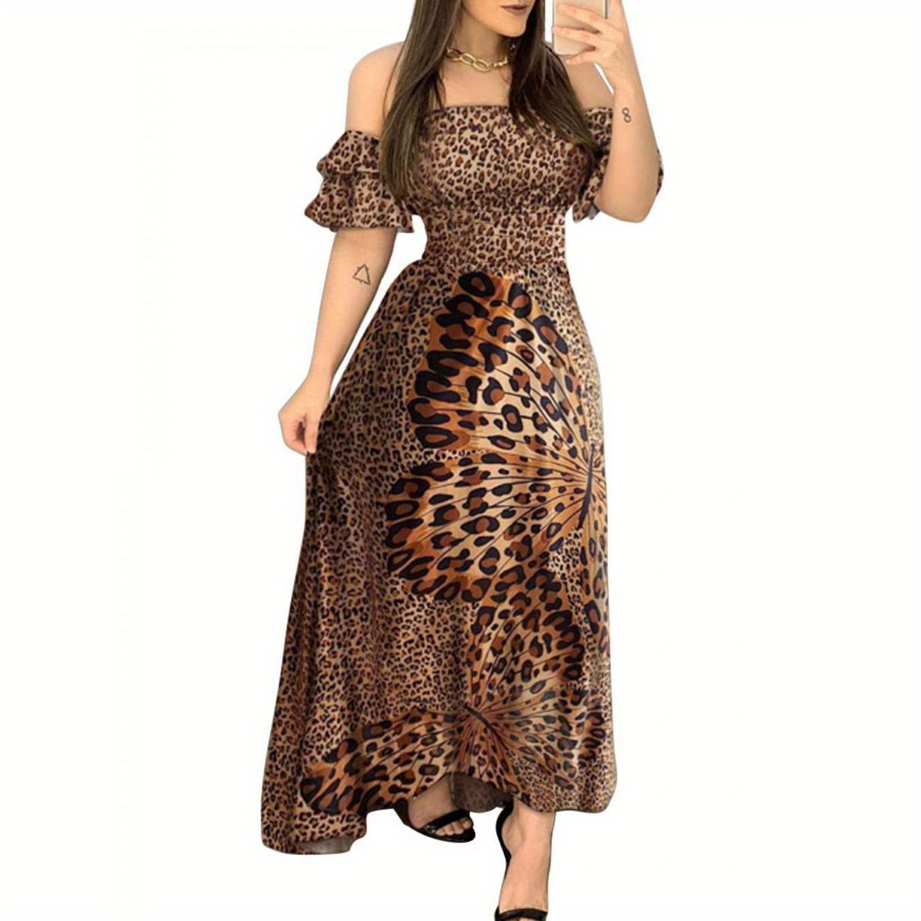 Women Long Flared Dress Elegant Off Shoulder Short Sleeve Leopard Printed Butterfly Dress
Women Long Flared Dress Elegant Off Shoulder Short Sleeve Leopard Printed Butterfly Dress