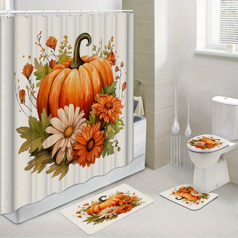 Autumn Pumpkin Shower Set With Non-slip Bath Mats And Toilet Cover, Waterproof Polyester Fabric Bathroom Decor With Hooks, Water-resistant Woven For Home Accessories
Autumn Pumpkin Shower Set With Non-slip Bath Mats And Toilet Cover, Waterproof Polyester Fabric Bathroom Decor With Hooks, Water-resistant Woven For Home Accessories