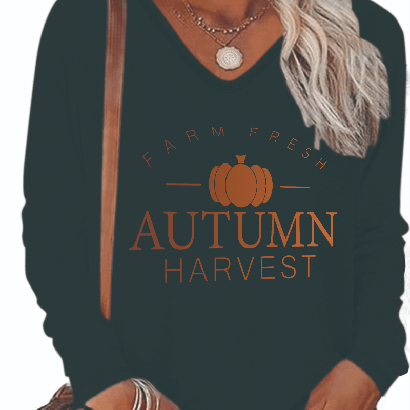 Pumpkin Print T-shirt, Long Sleeve V Neck Casual Top For Spring & Fall, Women's Clothing
Pumpkin Print T-shirt, Long Sleeve V Neck Casual Top For Spring & Fall, Women's Clothing