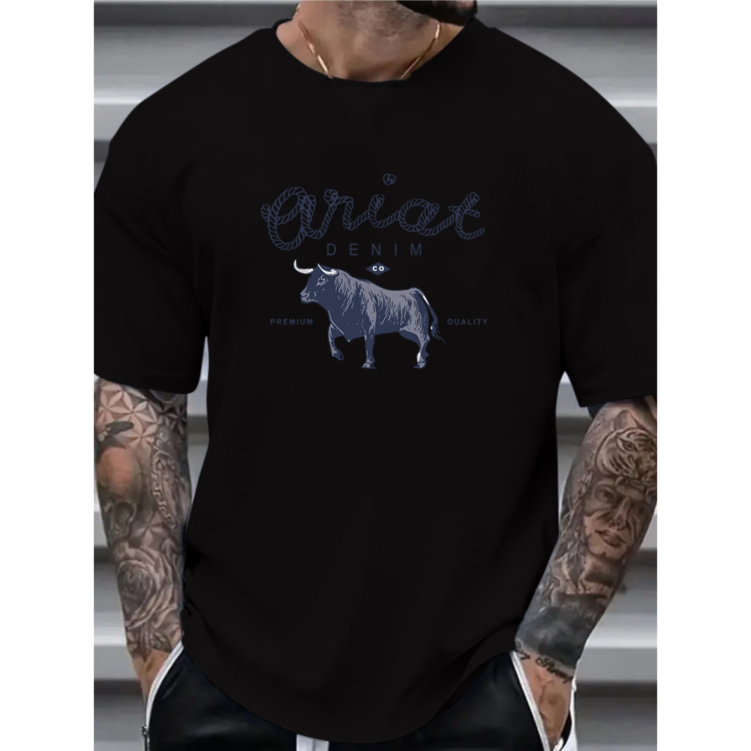 Denim And Bull Print Men's Round Neck T-shirt, Casual Street Style All-match Short Sleeve Top
Denim And Bull Print Men's Round Neck T-shirt, Casual Street Style All-match Short Sleeve Top