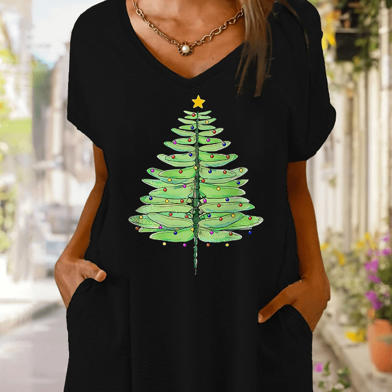 Women's Casual V-neck T-shirt Dress With Christmas Tree Print & Pockets - Stretchy Polyester , Machine Washable
Women's Casual V-neck T-shirt Dress With Christmas Tree Print & Pockets - Stretchy Polyester , Machine Washable
