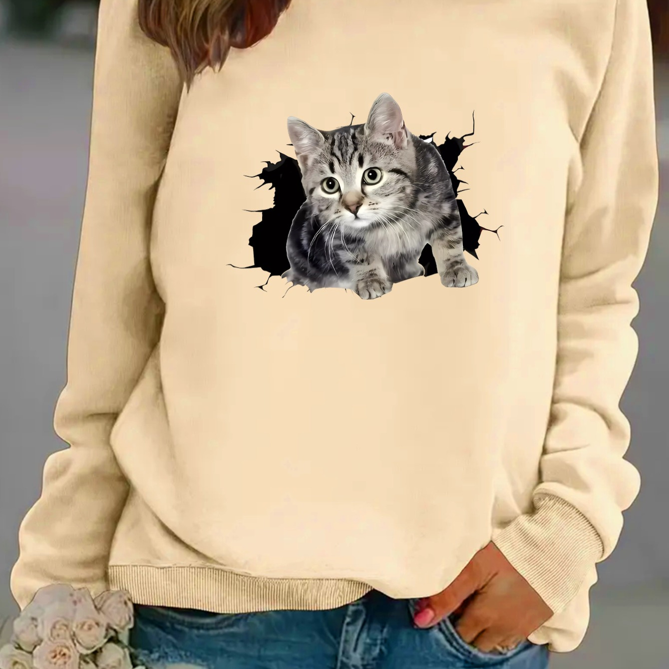 Cartoon Cat Pattern, Women's Round Neck Long Sleeve Sweatshirt, Thickened And Plush Lined, Women's Clothing
Cartoon Cat Pattern, Women's Round Neck Long Sleeve Sweatshirt, Thickened And Plush Lined, Women's Clothing