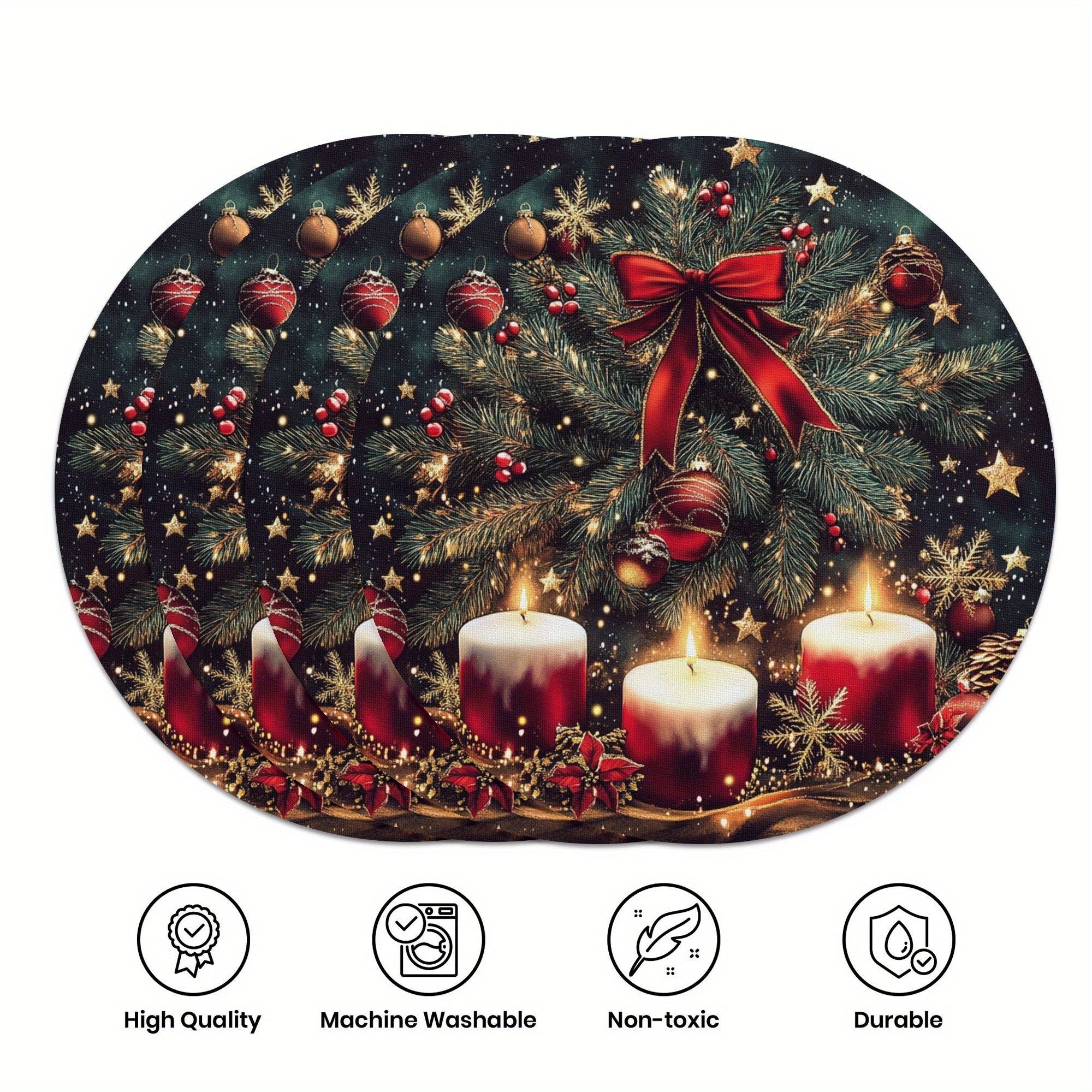 4-pack Christmas Placemats, 15-inch Round, Polyester, Non-slip Heat Resistant, Festive Table Mats With Christmas Tree & Candle Design, Machine Washable, Durable For Home & Kitchen Decor
4-pack Christmas Placemats, 15-inch Round, Polyester, Non-slip Heat Resistant, Festive Table Mats With Christmas Tree & Candle Design, Machine Washable, Durable For Home & Kitchen Decor