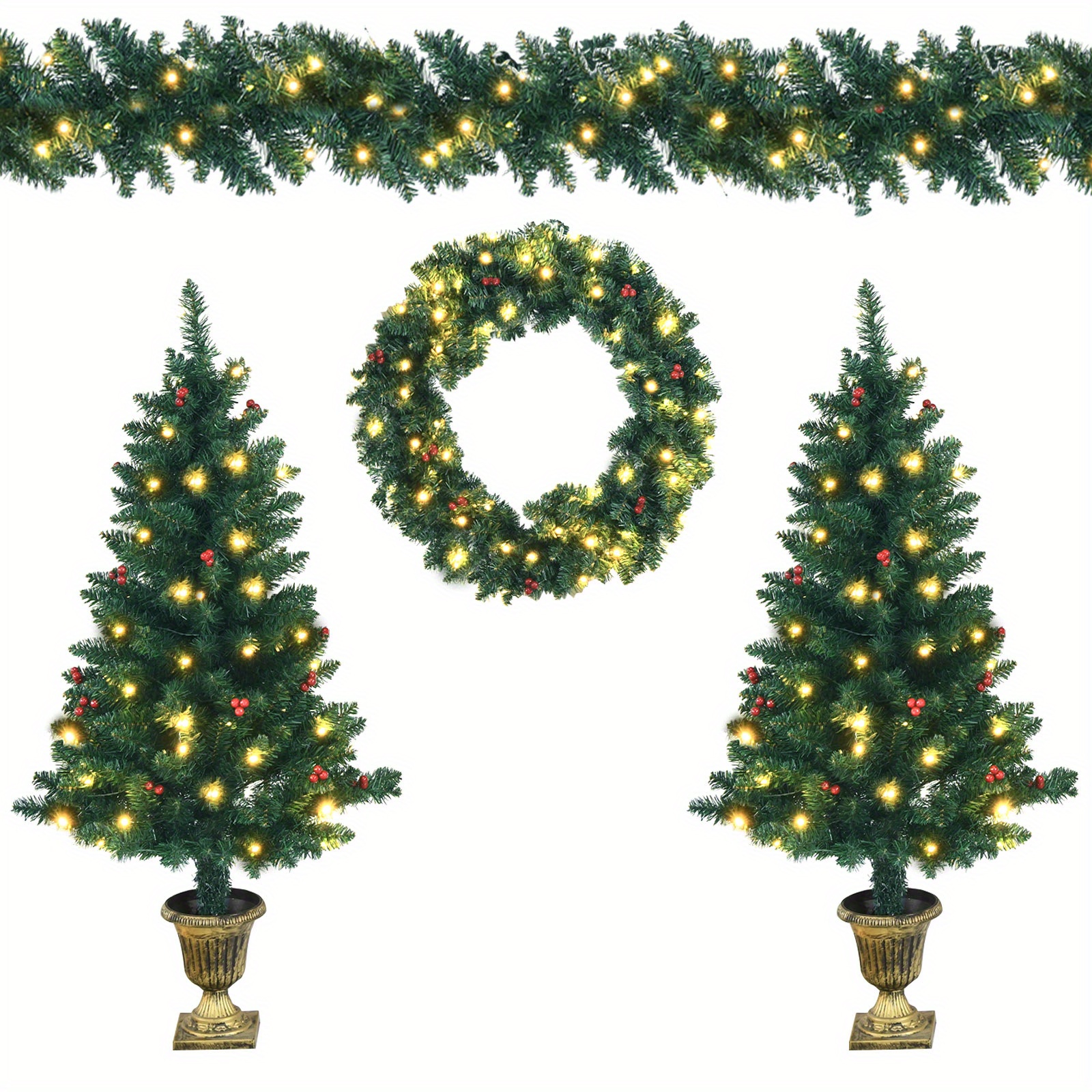 Petsite Pre-lit Christmas Decoration Set, 4pcs Set Of Wreath, Garland & 2 Realistic Entrance Trees, Premium Pvc, 200 Led Lights, , 6-hour Timer Control, Holiday Christmas Set
Petsite Pre-lit Christmas Decoration Set, 4pcs Set Of Wreath, Garland & 2 Realistic Entrance Trees, Premium Pvc, 200 Led Lights, , 6-hour Timer Control, Holiday Christmas Set
