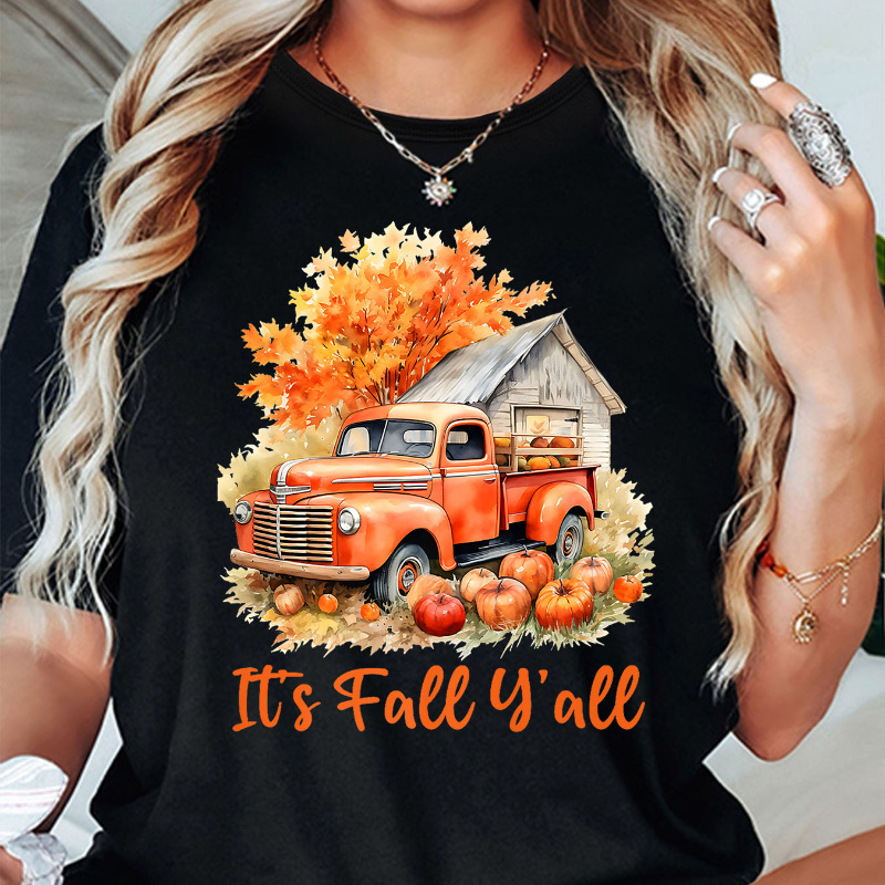 Cartoon Truck Print T-shirt For Women - Casual Round Neck Knit Fabric Pullover With Medium Stretch, Comfort, Autumn Themed Design
Cartoon Truck Print T-shirt For Women - Casual Round Neck Knit Fabric Pullover With Medium Stretch, Comfort, Autumn Themed Design