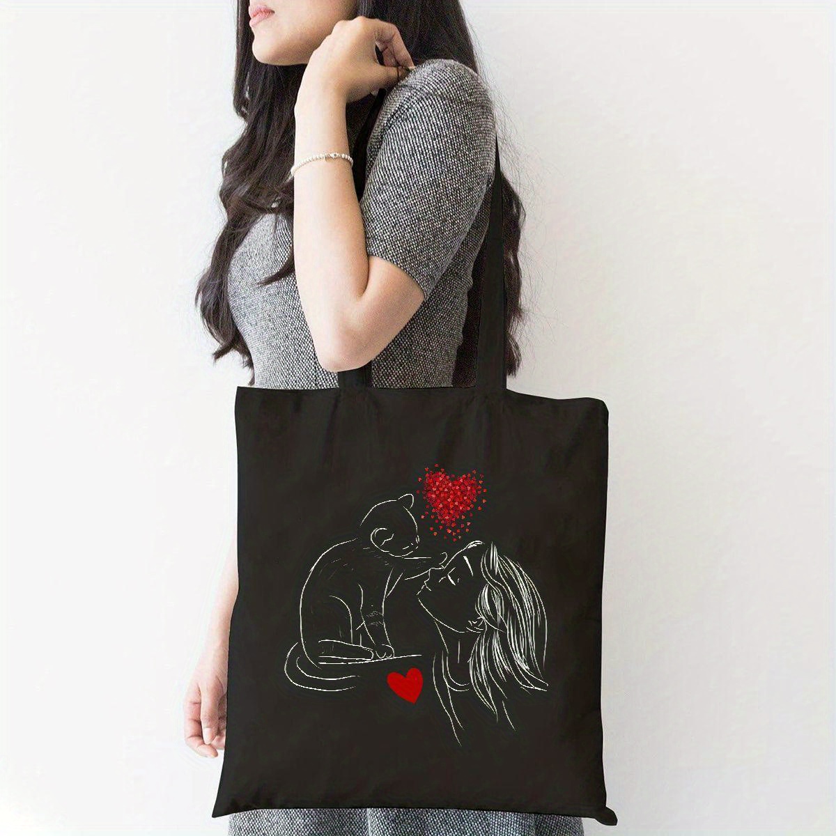 Black Canvas Tote Bag With Heart And Cat Print For Daily Commute, Large Capacity Shoulder Bag For Shopping And Casual Use, Washable With Fixed Strap - Fashionable And Practical Accessory
Black Canvas Tote Bag With Heart And Cat Print For Daily Commute, Large Capacity Shoulder Bag For Shopping And Casual Use, Washable With Fixed Strap - Fashionable And Practical Accessory