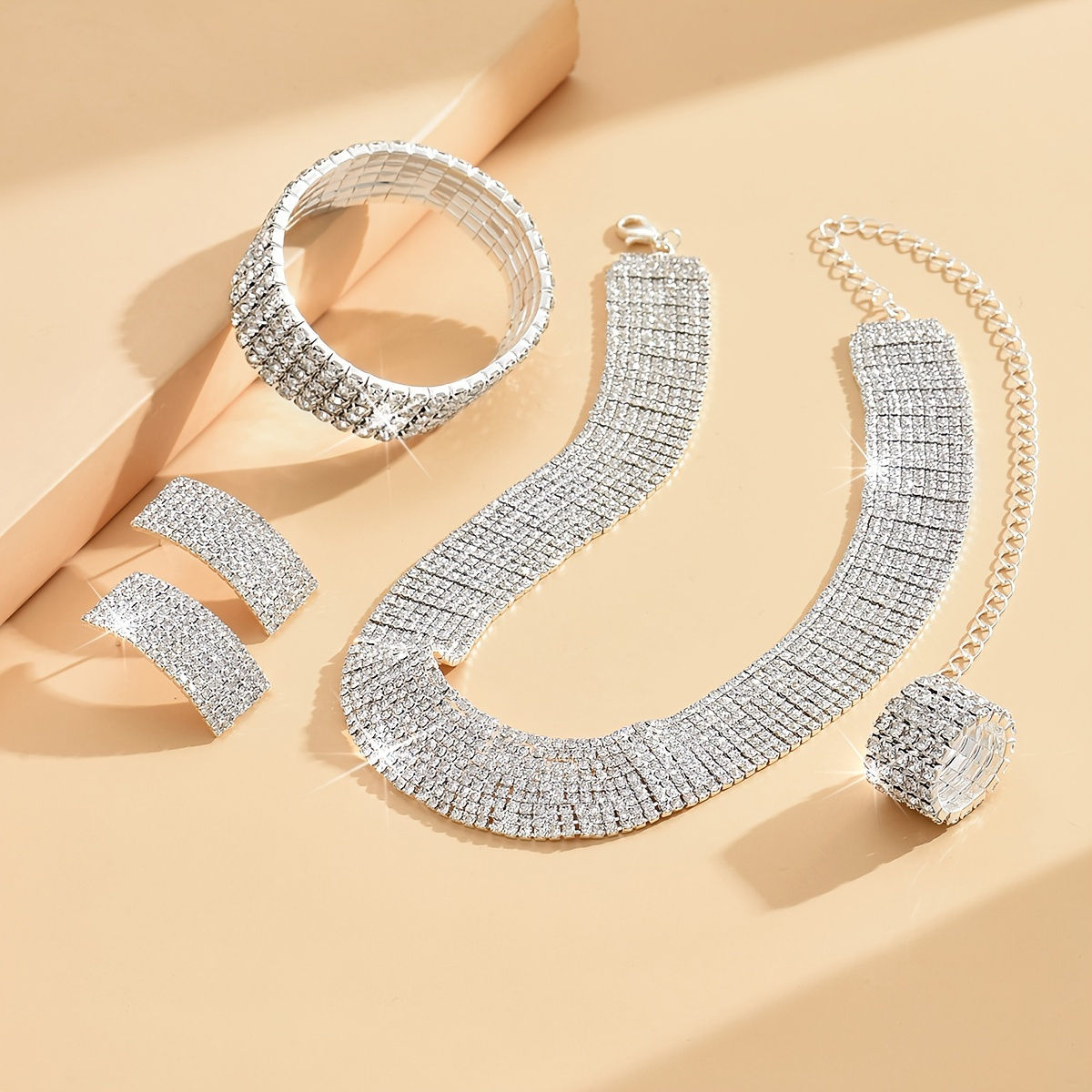 1 Pair Of Earrings, 1 Necklace, 1 Bracelet, 1 Ring - Rhinestone Jewelry Set- Weddings & Engagements 
1 Pair Of Earrings, 1 Necklace, 1 Bracelet, 1 Ring - Rhinestone Jewelry Set- Weddings & Engagements