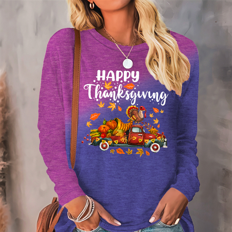 Turkey Car Print Gradient Color T-shirt, Long Sleeve Crew Neck Casual Top For Spring & Fall, Women's Clothing
Turkey Car Print Gradient Color T-shirt, Long Sleeve Crew Neck Casual Top For Spring & Fall, Women's Clothing