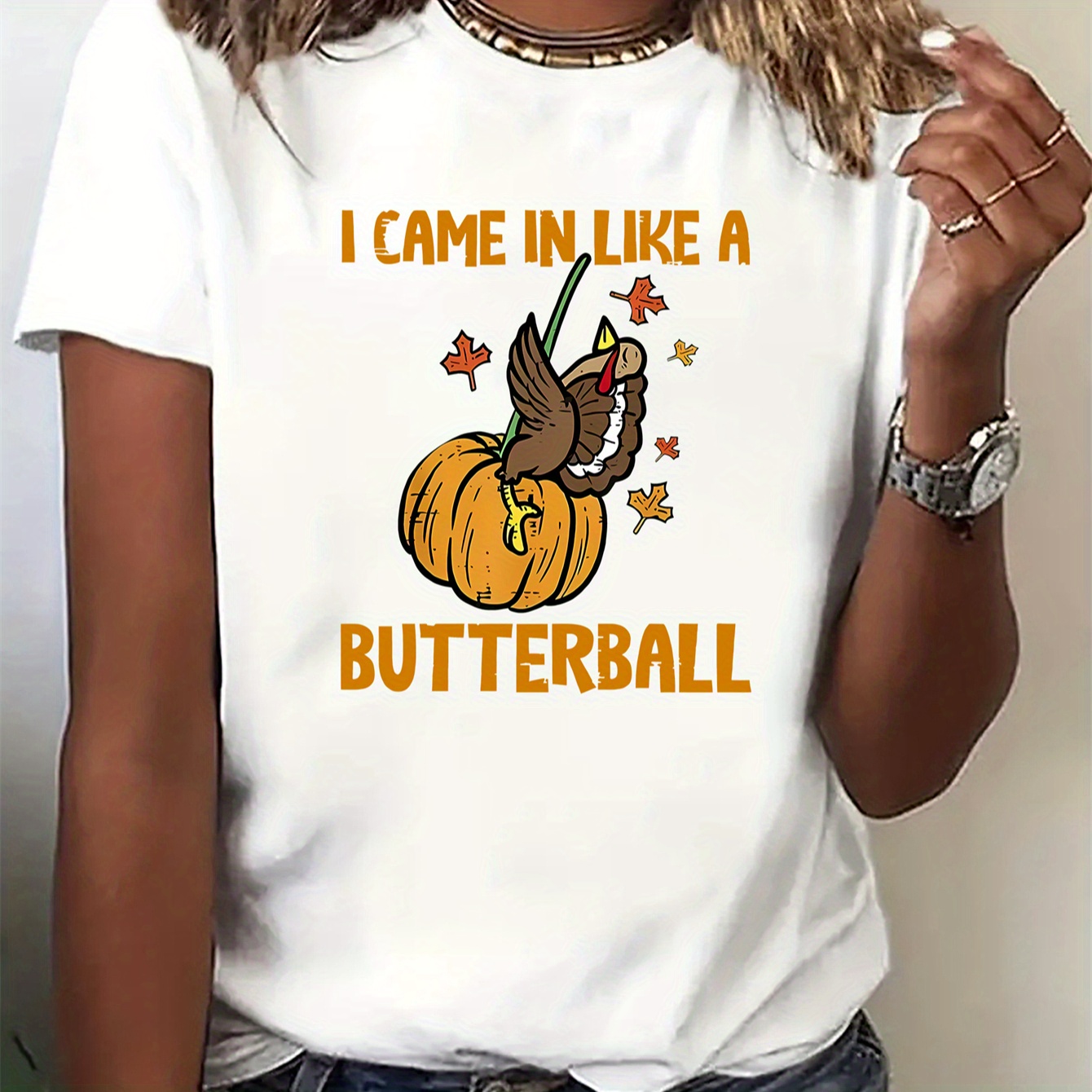 Thanksgiving Graphic Women's Casual Neck T-shirt With "i In Like A " Print - Polyester Knit Fabric, Medium Stretch, Short Sleeve Top For All
Thanksgiving Graphic Women's Casual Neck T-shirt With "i In Like A " Print - Polyester Knit Fabric, Medium Stretch, Short Sleeve Top For All