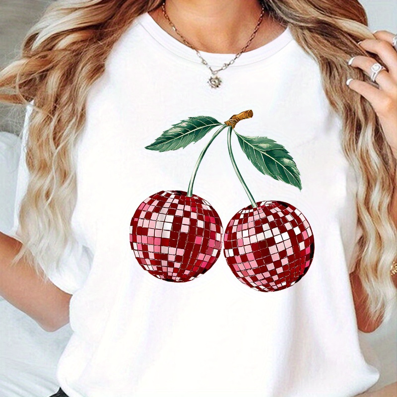 Women's Casual Cherry Graphic T-shirt Crew Neck Short Sleeve Top With Checkered Pattern - Polyester Medium Stretch Knit Fabric For All
Women's Casual Cherry Graphic T-shirt Crew Neck Short Sleeve Top With Checkered Pattern - Polyester Medium Stretch Knit Fabric For All