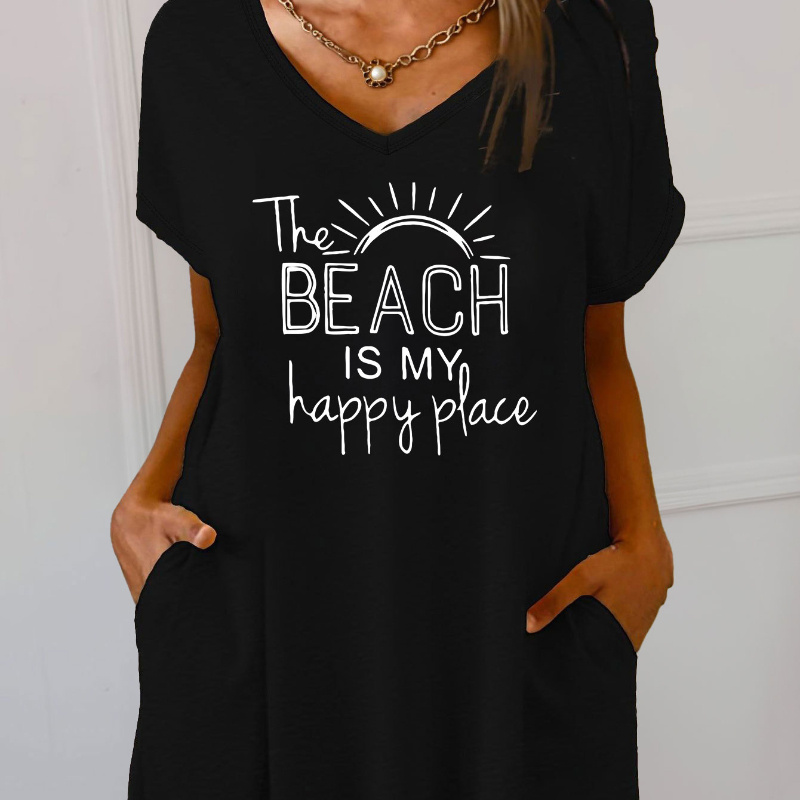 Women's Casual V-neck T-shirt Dress With "the Beach Is Place" Print, Knitted Polyester Fabric, Pocket Detail, , Adult Size
Women's Casual V-neck T-shirt Dress With "the Beach Is Place" Print, Knitted Polyester Fabric, Pocket Detail, , Adult Size
