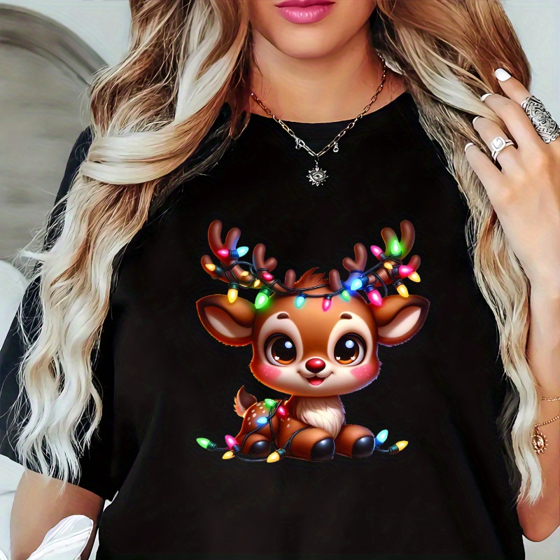 Women's Plus Size Christmas Reindeer T-shirt, Casual Round Neck Short Sleeve Tee, Stretchy Polyester Fabric, Regular Length, Geometric Pattern, Spring/summer Fashion Top
Women's Plus Size Christmas Reindeer T-shirt, Casual Round Neck Short Sleeve Tee, Stretchy Polyester Fabric, Regular Length, Geometric Pattern, Spring/summer Fashion Top