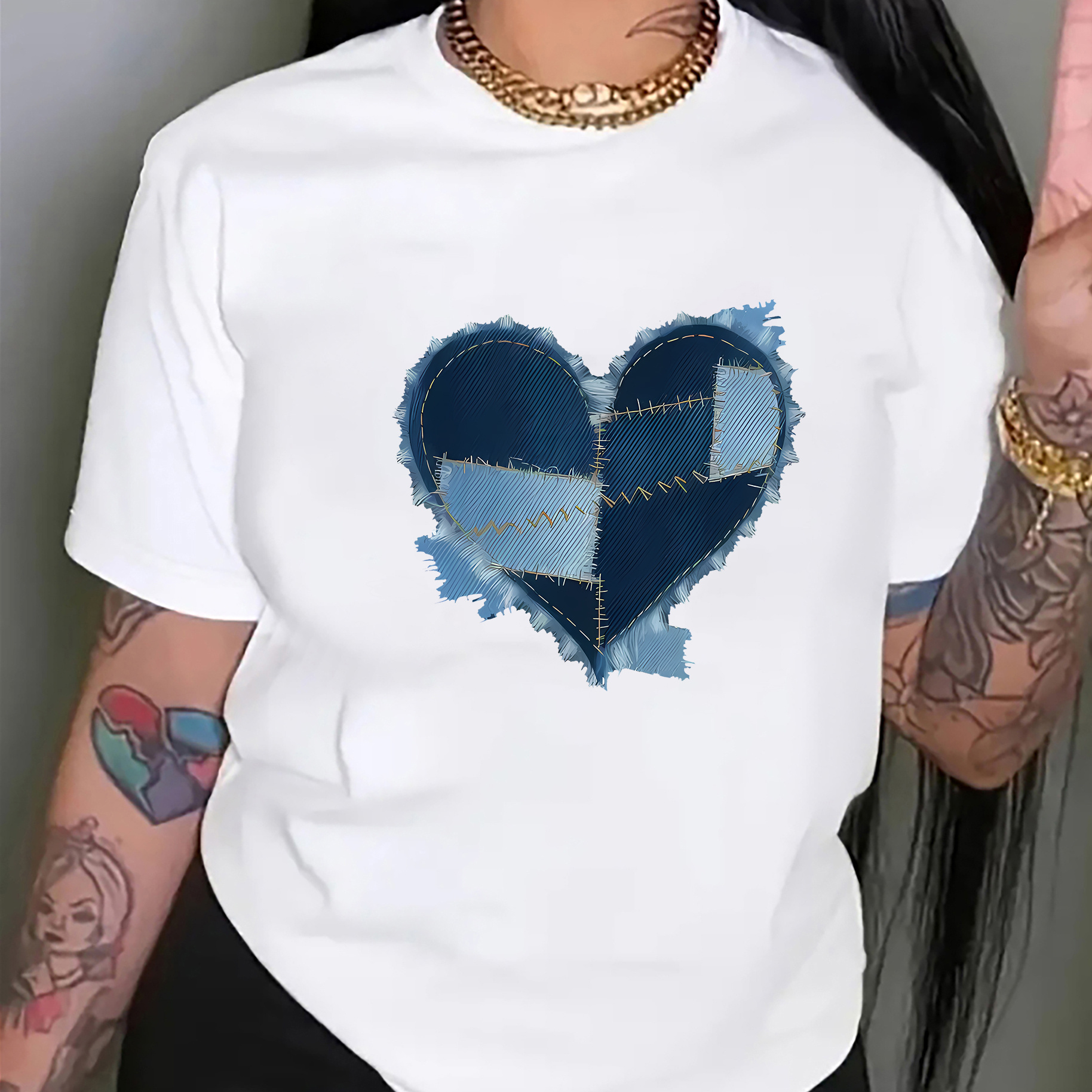 Women's Casual Denim Heart Print Round Neck Short Sleeve Loose Fit T-shirt, Knitted Polyester Stretch Fabric, Fashion Sportswear
Women's Casual Denim Heart Print Round Neck Short Sleeve Loose Fit T-shirt, Knitted Polyester Stretch Fabric, Fashion Sportswear