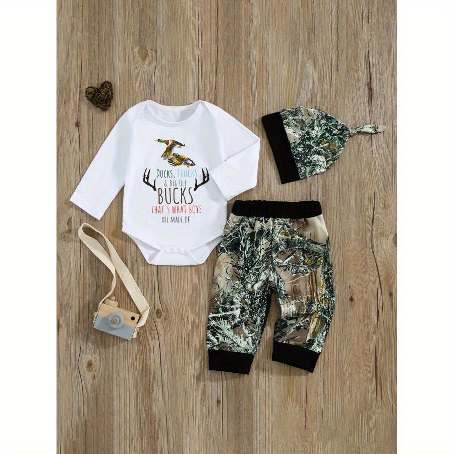 3pcs Baby Boys Set Duck Letter Print Long Sleeve Round Neck Romper Long Trousers Hat Outfits, For Outdoor
3pcs Baby Boys Set Duck Letter Print Long Sleeve Round Neck Romper Long Trousers Hat Outfits, For Outdoor