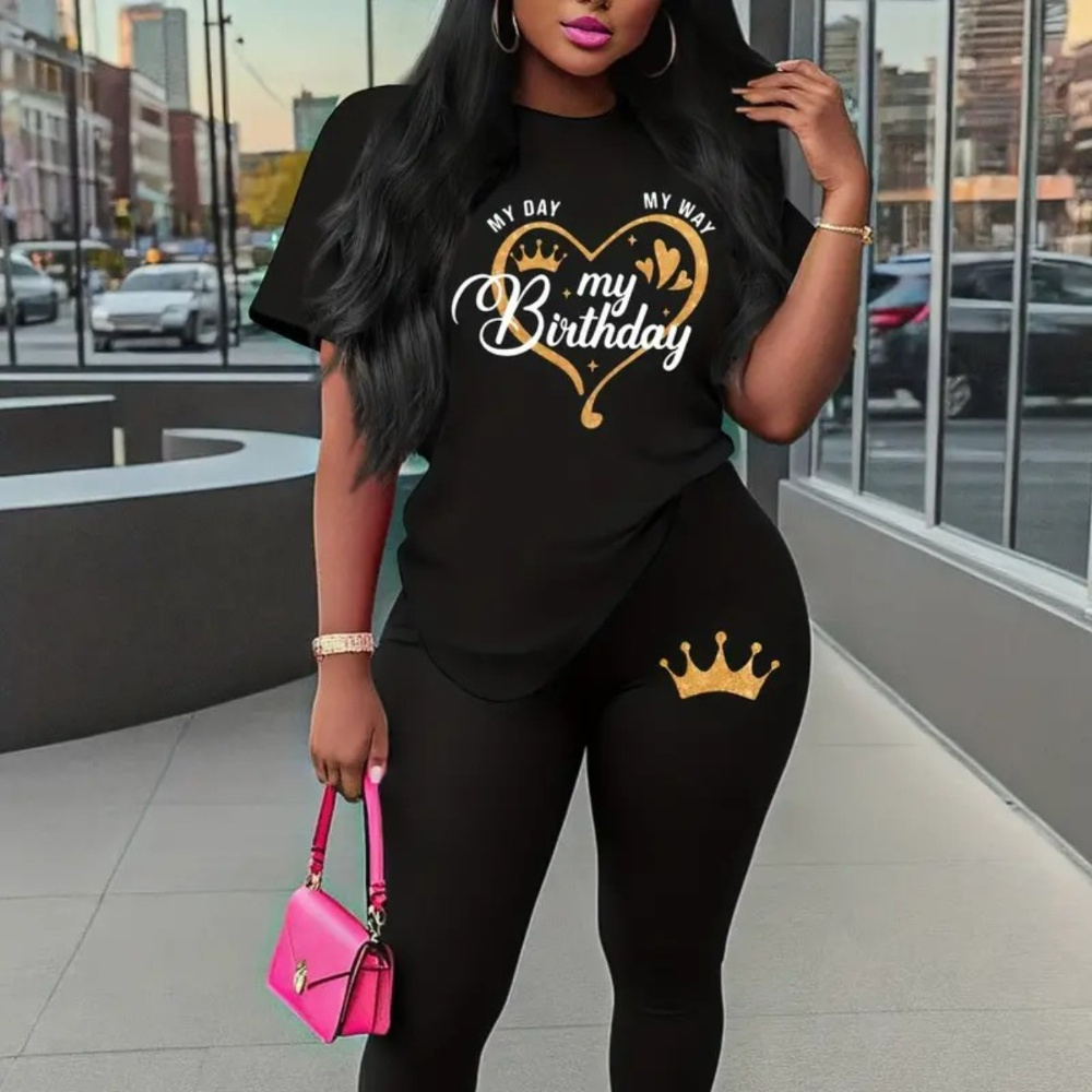 Birthday Print 2 Piece Set, Short Sleeve Round Neck T-shirt And Leggings Set, Women's Clothing
Birthday Print 2 Piece Set, Short Sleeve Round Neck T-shirt And Leggings Set, Women's Clothing