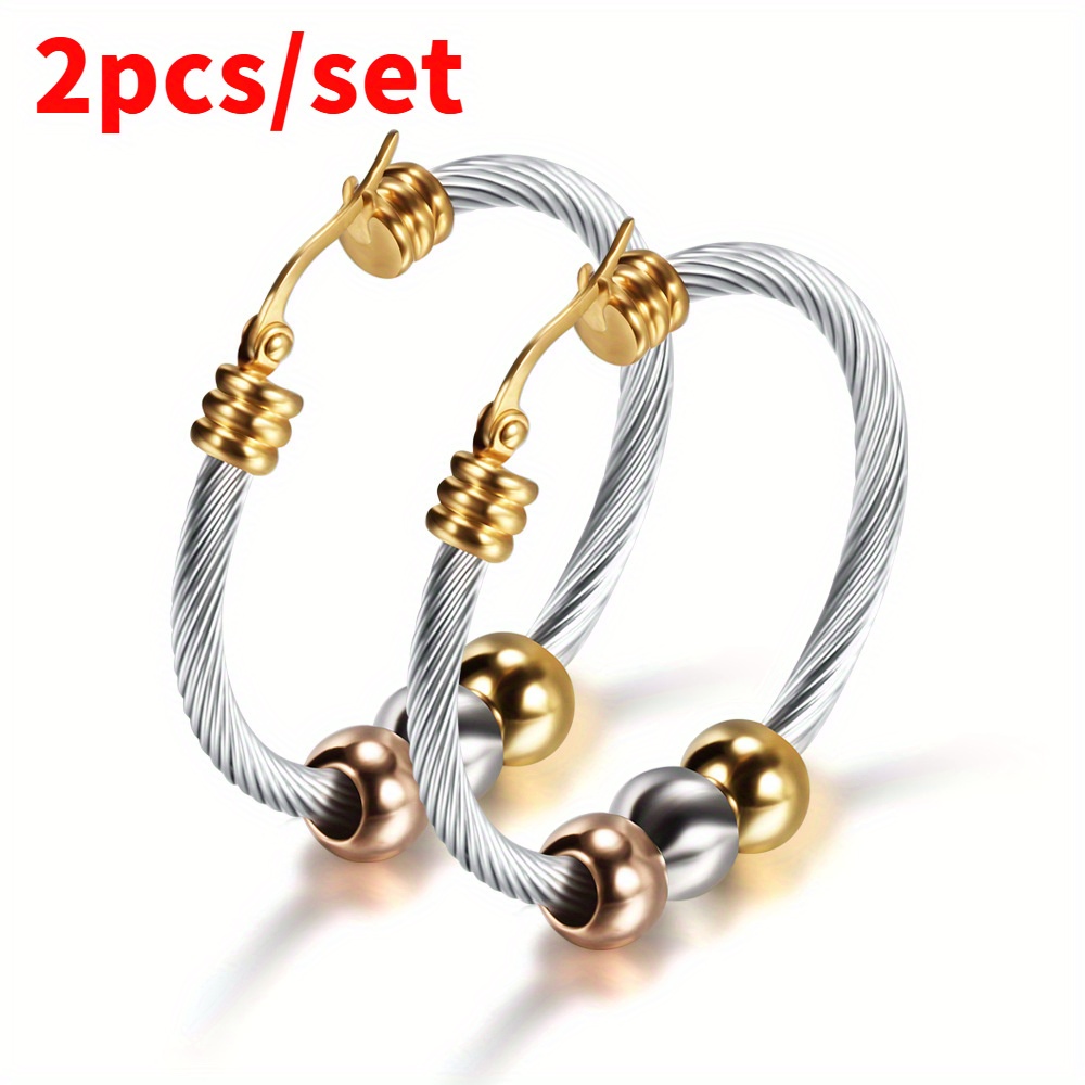 2pcs Women' Simple -color Beaded Round Cable Stainless Steel Earrings For Daily Birthday Party Anniversary Gifts To Relatives
2pcs Women' Simple -color Beaded Round Cable Stainless Steel Earrings For Daily Birthday Party Anniversary Gifts To Relatives