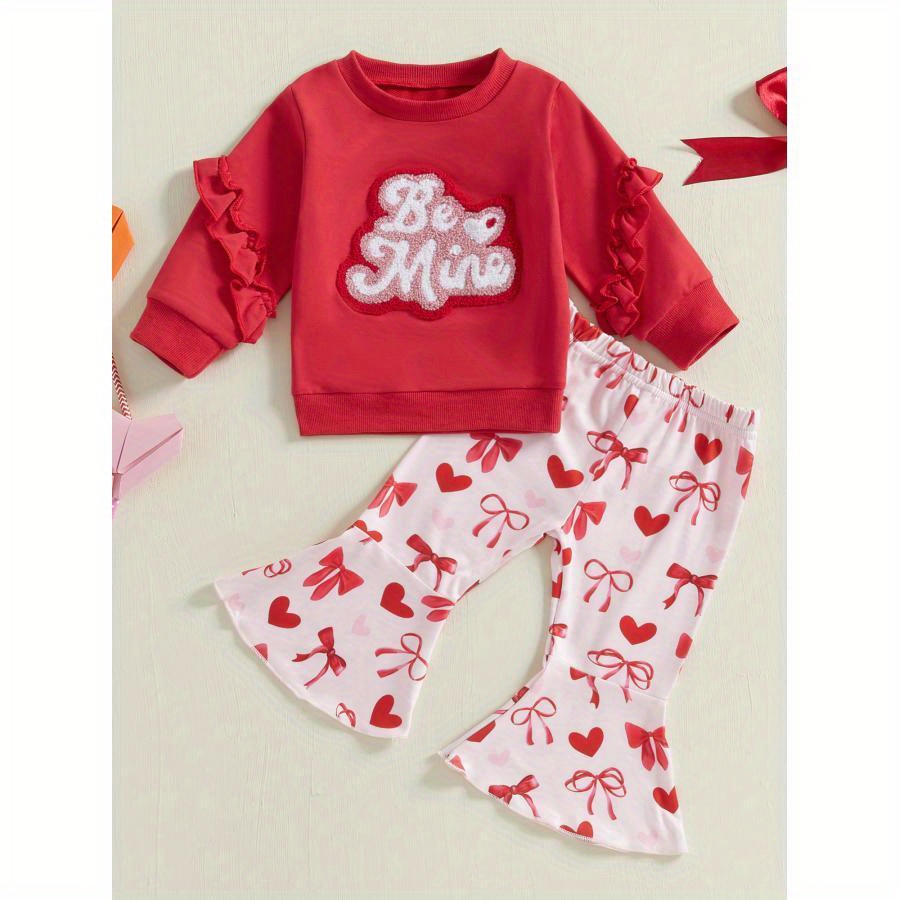 Toddler Girls Valentine's Day Sets Letter Embroidered Long Sleeve Sweatshirt Heart Bow Flare Pants 2pcs Outfits, For Outdoor
Toddler Girls Valentine's Day Sets Letter Embroidered Long Sleeve Sweatshirt Heart Bow Flare Pants 2pcs Outfits, For Outdoor