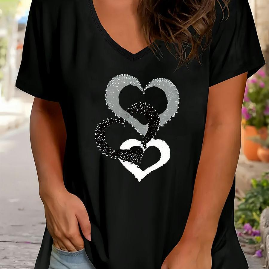 Women's Plus Size Casual V-neck T-shirt With Glitter Heart Print, Short Sleeve, Knit Fabric, Stretch, Polyester 95%, Elastane 5%, Spring/summer Fashion, Oversized Pullovers
Women's Plus Size Casual V-neck T-shirt With Glitter Heart Print, Short Sleeve, Knit Fabric, Stretch, Polyester 95%, Elastane 5%, Spring/summer Fashion, Oversized Pullovers