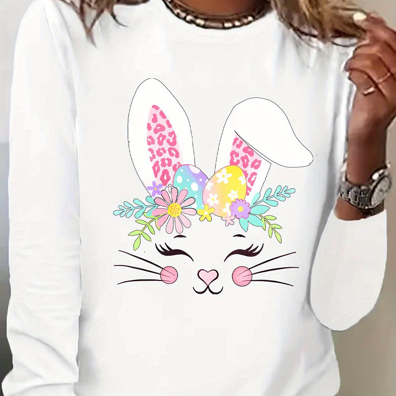 Chic Easter Bunny & Egg Design Long Sleeve T-shirt For Women - Casual Round Neck Sporty Top With Stretch, Machine Washable, Polyester
Chic Easter Bunny & Egg Design Long Sleeve T-shirt For Women - Casual Round Neck Sporty Top With Stretch, Machine Washable, Polyester