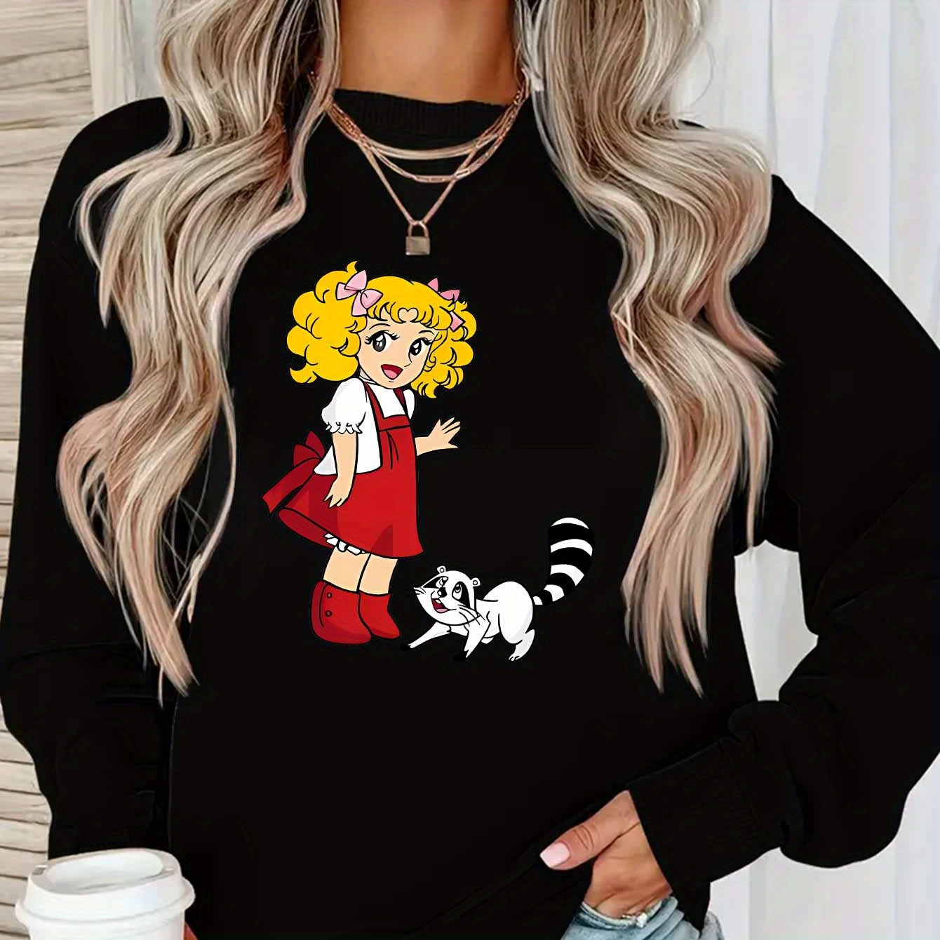 Cozy Fleece-lined Women's Sweatshirt With Cute Print - Casual Long Sleeve Pullover, Round Neck, For Winter, Spring
Cozy Fleece-lined Women's Sweatshirt With Cute Print - Casual Long Sleeve Pullover, Round Neck, For Winter, Spring