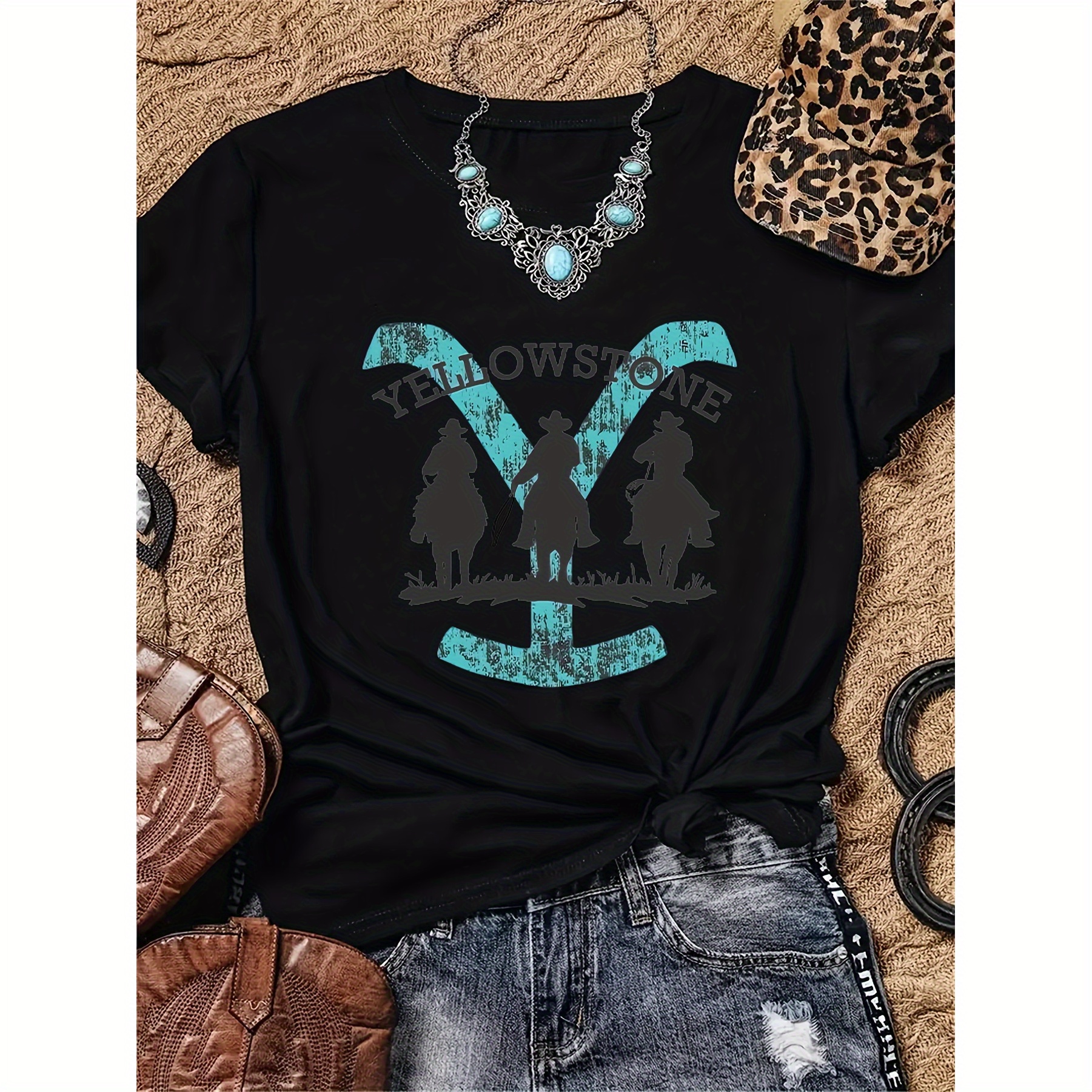 Women's Western Cowboy Graphic T-shirt, Soft Short Sleeve Round Neck Casual Top With Print, Spring And Summer
Women's Western Cowboy Graphic T-shirt, Soft Short Sleeve Round Neck Casual Top With Print, Spring And Summer