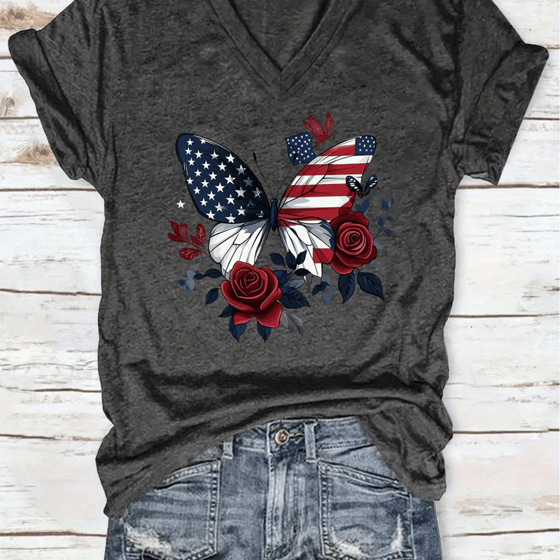 Women's Patriotic & Roses Print V-neck T-shirt, Casual Short Sleeve Knit Top, Polyester 95% Spandex 5%, Lightweight Breathable Fabric For All
Women's Patriotic & Roses Print V-neck T-shirt, Casual Short Sleeve Knit Top, Polyester 95% Spandex 5%, Lightweight Breathable Fabric For All