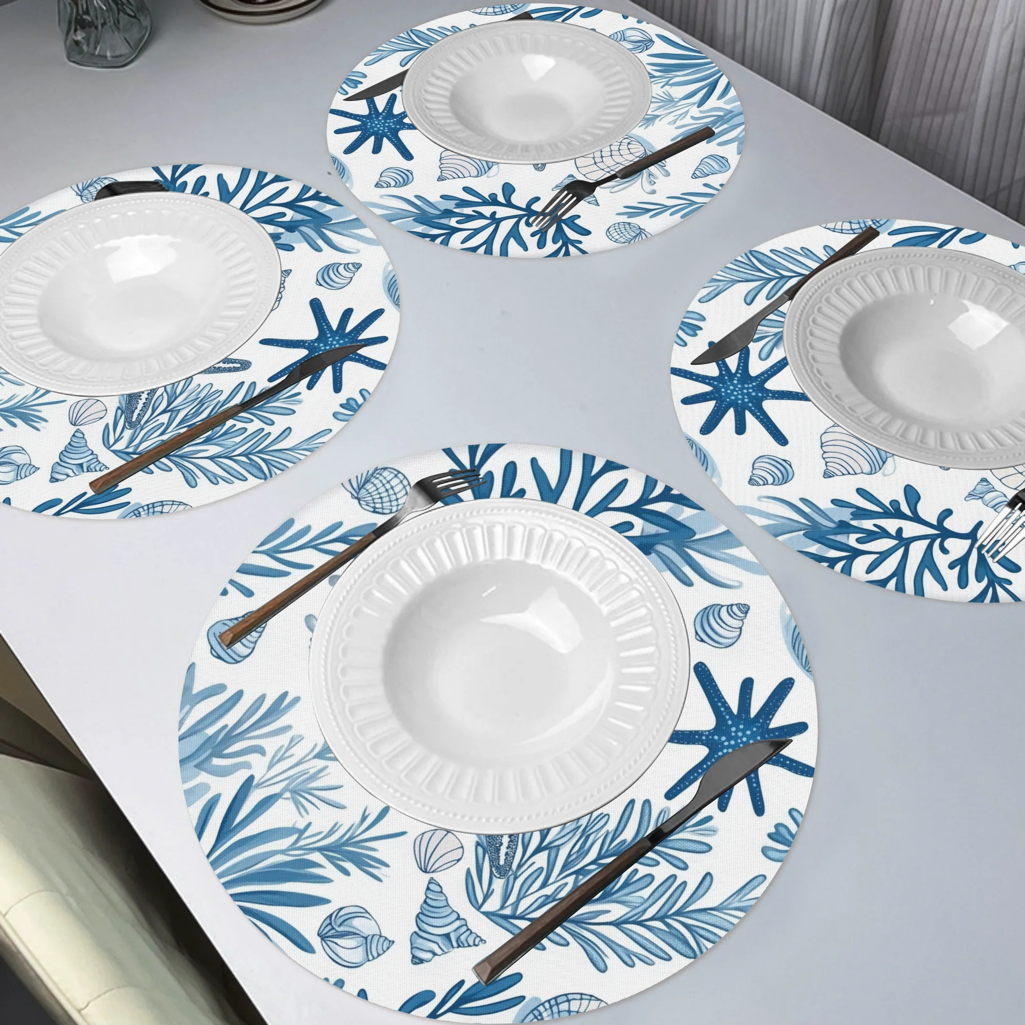 4pcs Ocean Round Placemats Set, Watercolor Blue And Design, Polyester, Machine Washable, Woven Table Mats For Dining Decor
4pcs Ocean Round Placemats Set, Watercolor Blue And Design, Polyester, Machine Washable, Woven Table Mats For Dining Decor