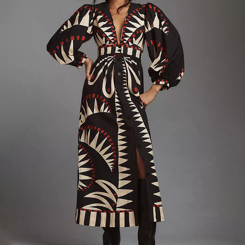 Elegant V-neck Lantern Sleeve Maxi Dress With Geometric Print, Non-stretch Polyester Fabric - Spring/fall, Vintage Print, African, Elegant Style, Spring/autumn
Elegant V-neck Lantern Sleeve Maxi Dress With Geometric Print, Non-stretch Polyester Fabric - Spring/fall, Vintage Print, African, Elegant Style, Spring/autumn