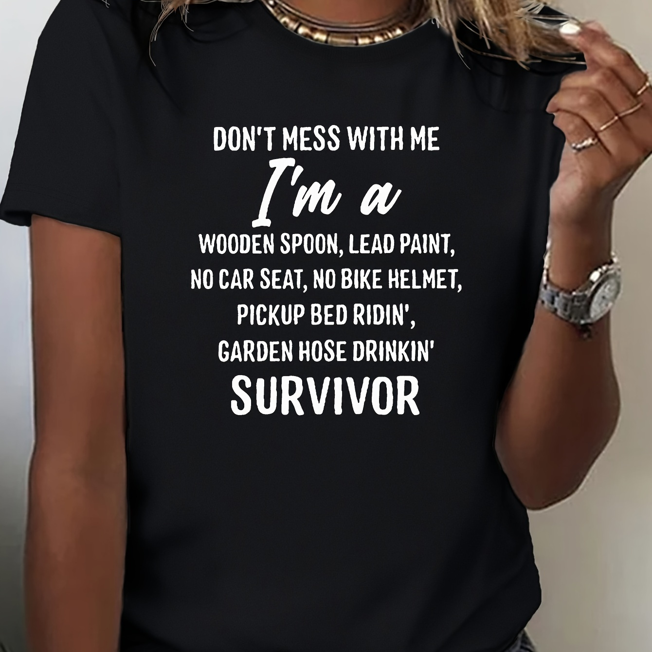 Women's "" Graphic T-shirt - Black , Fit, Breathable For Spring/summer, With White Lettering, Casual Attire
Women's "" Graphic T-shirt - Black , Fit, Breathable For Spring/summer, With White Lettering, Casual Attire