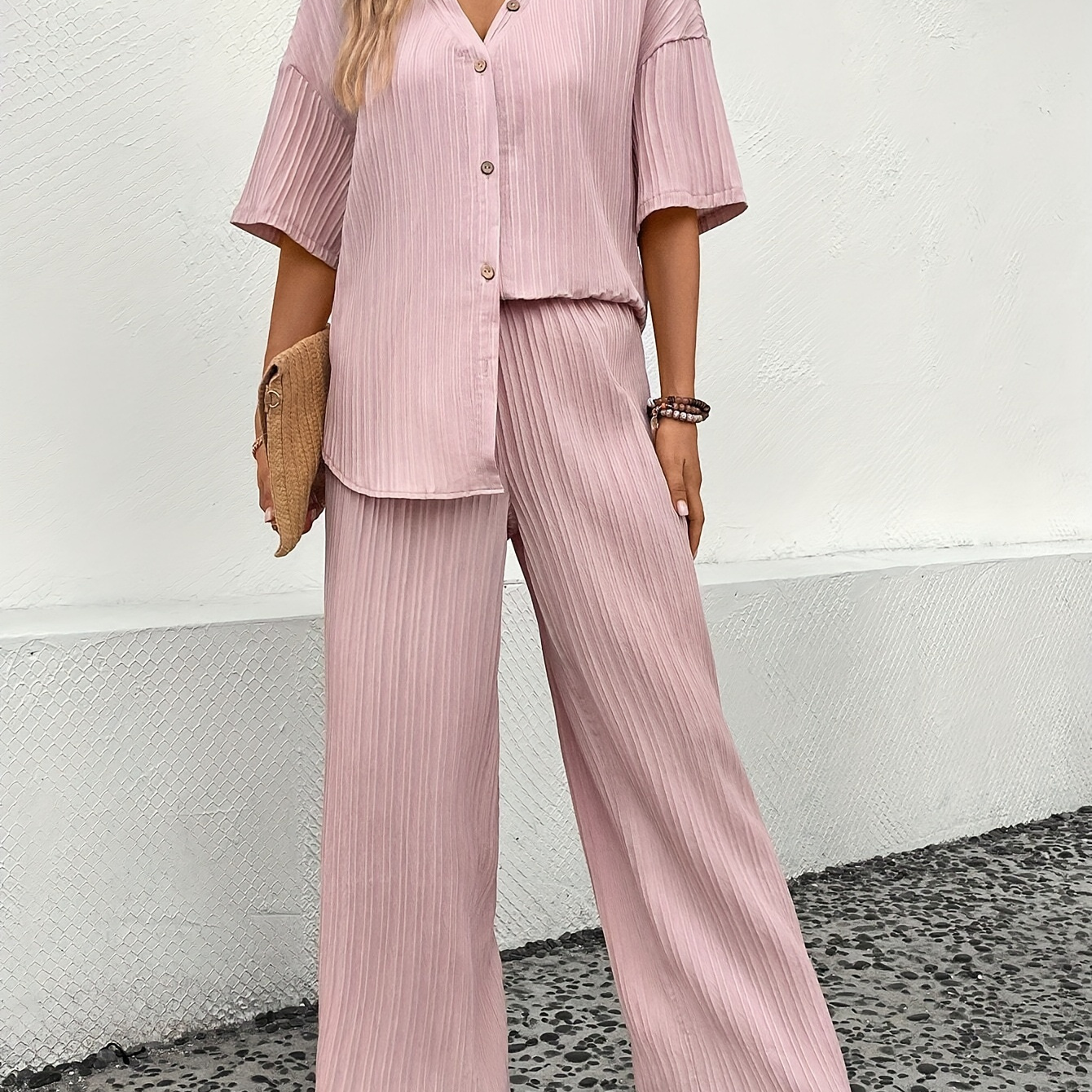 Solid Color Two-piece Set, Casual Drop Shoulder Short Sleeve Blouses & Loose Pants Outfits, Women's Clothing
Solid Color Two-piece Set, Casual Drop Shoulder Short Sleeve Blouses & Loose Pants Outfits, Women's Clothing
