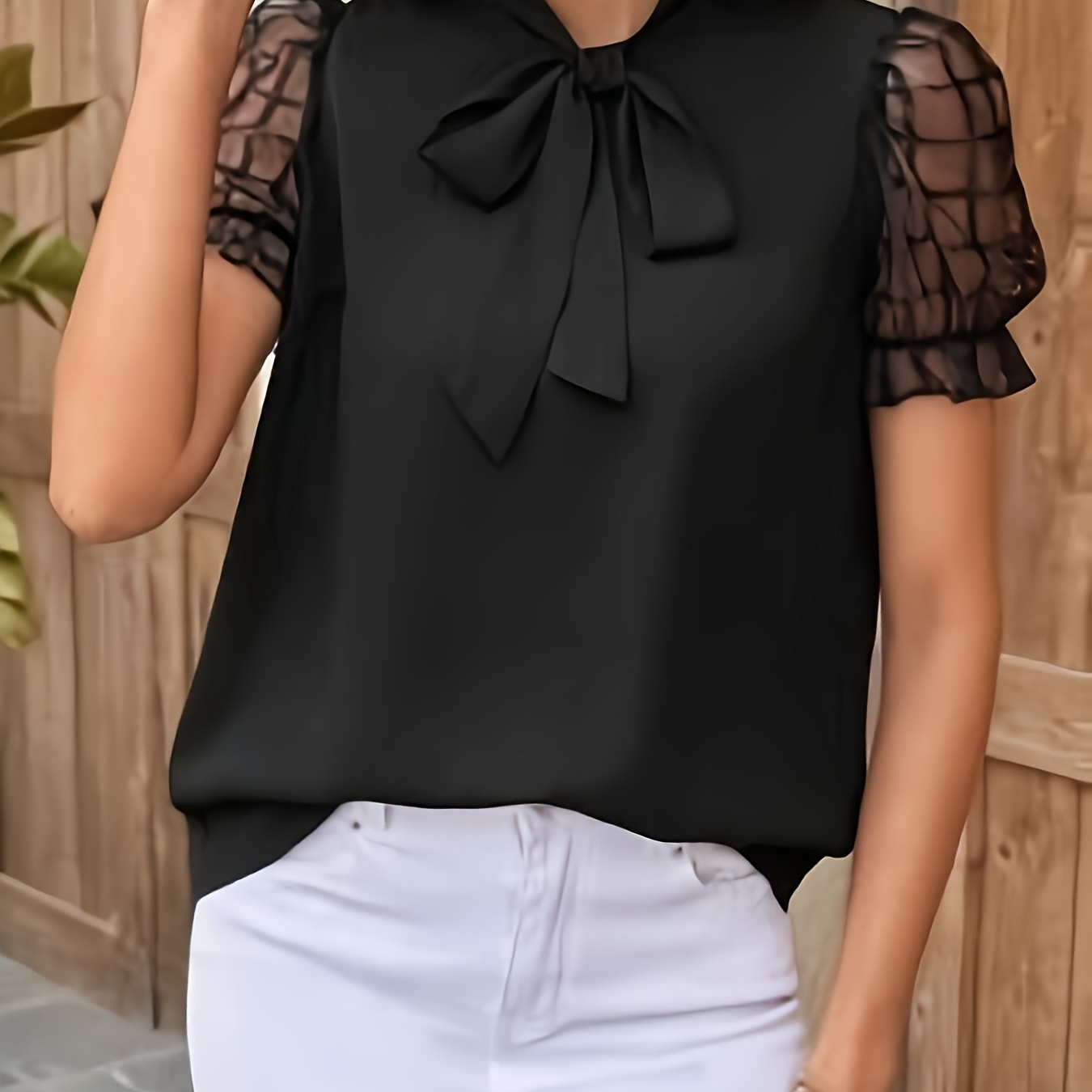 Solid Mesh Splicing Tie Neck Blouse, Elegant Short Sleeve Blouse For Spring & Summer, Women's Clothing
Solid Mesh Splicing Tie Neck Blouse, Elegant Short Sleeve Blouse For Spring & Summer, Women's Clothing