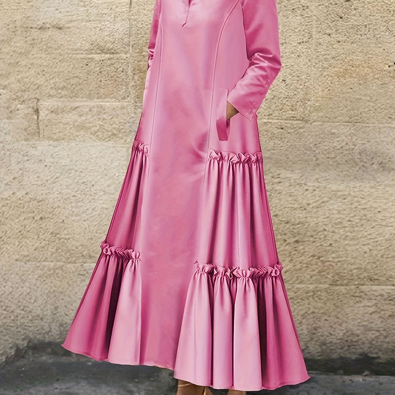 Long Sleeved Button Pocket Solid Color Patchwork Dress, A-line Loose Casual Stand Up Collar Long Skirt
Long Sleeved Button Pocket Solid Color Patchwork Dress, A-line Loose Casual Stand Up Collar Long Skirt