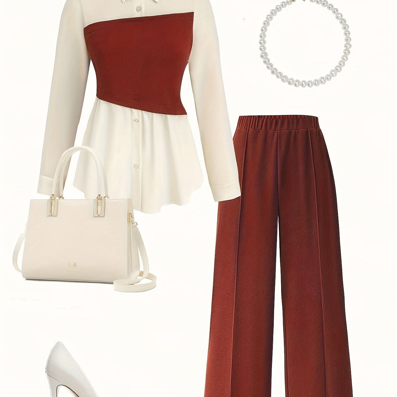 Elegant Women'-piece Set: Color Block Button-up Blouse & Wide-leg Pants In Burgundy - 100% Polyester, Machine Washable, Spring/fall
Elegant Women'-piece Set: Color Block Button-up Blouse & Wide-leg Pants In Burgundy - 100% Polyester, Machine Washable, Spring/fall