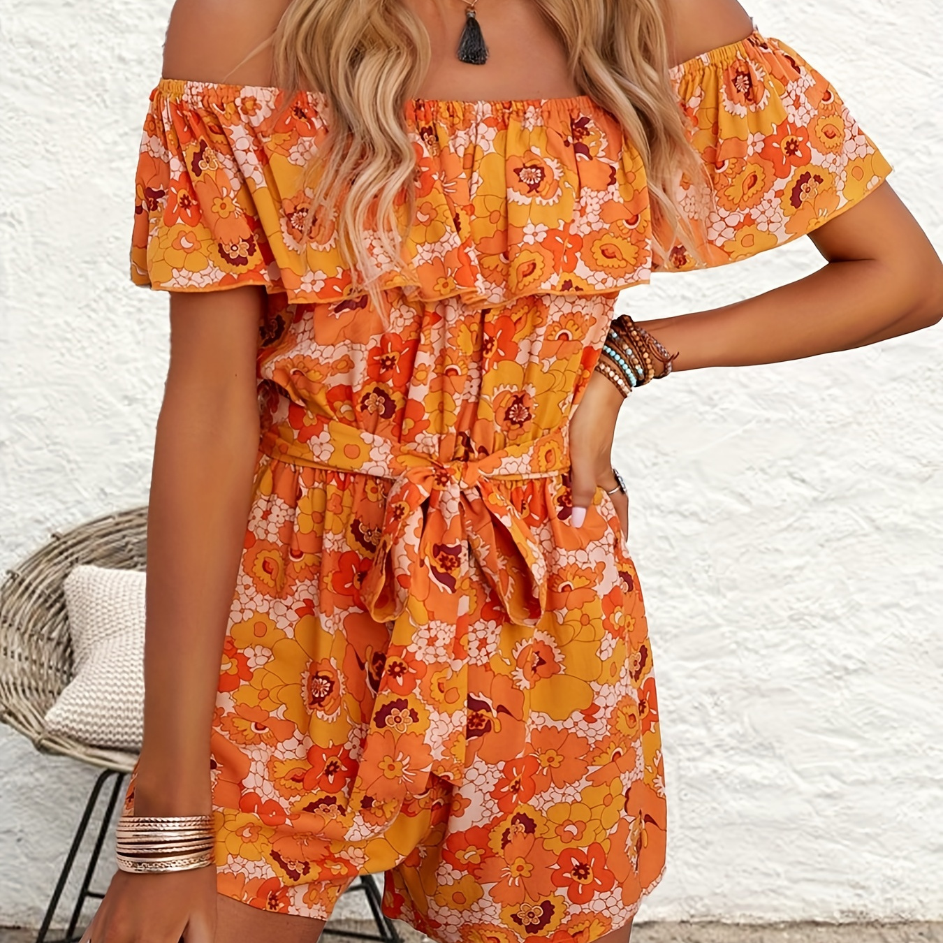 Off Shoulder Floral Print Romper Jumpsuit, Boho Tie Front Romper Jumpsuit, Women's Clothing
Off Shoulder Floral Print Romper Jumpsuit, Boho Tie Front Romper Jumpsuit, Women's Clothing
