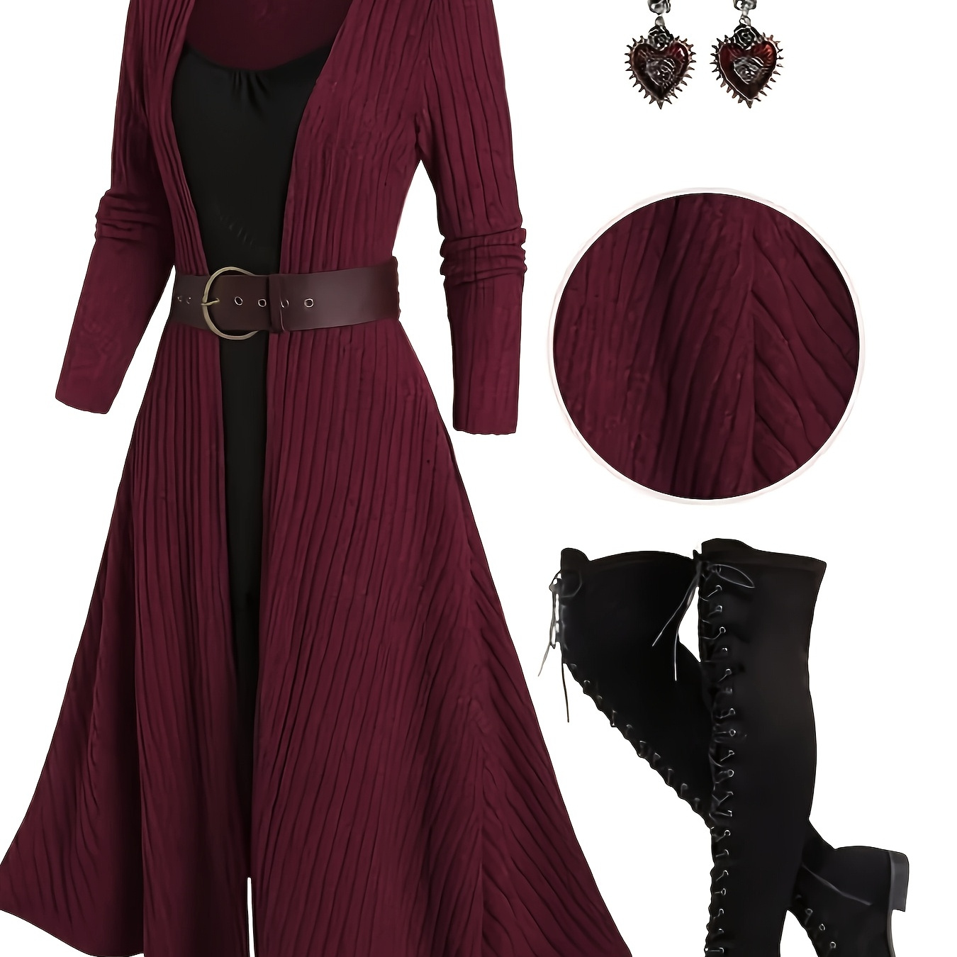 Elegant Ribbed Long Sleeve Knit Dress With Contrasting Detail - Square Neck, Pleated Design, Machine Washable, Includes Matching Earrings And Belted Accessory, Cute Dress
Elegant Ribbed Long Sleeve Knit Dress With Contrasting Detail - Square Neck, Pleated Design, Machine Washable, Includes Matching Earrings And Belted Accessory, Cute Dress