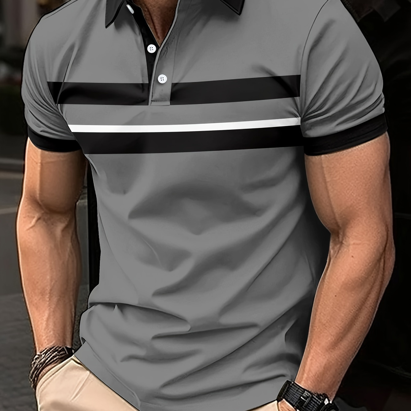 Men's Summer Casual Striped Shirt, 100% Polyester Knit Fabric, Crew Neck With Button Detail, Short Sleeve Regular Fit -
Men's Summer Casual Striped Shirt, 100% Polyester Knit Fabric, Crew Neck With Button Detail, Short Sleeve Regular Fit -