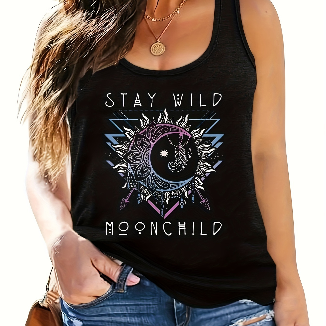 Sun & Moon Print Crew Neck Tank Top, Casual Sleeveless Top For Spring & Summer, Women's Clothing
Sun & Moon Print Crew Neck Tank Top, Casual Sleeveless Top For Spring & Summer, Women's Clothing