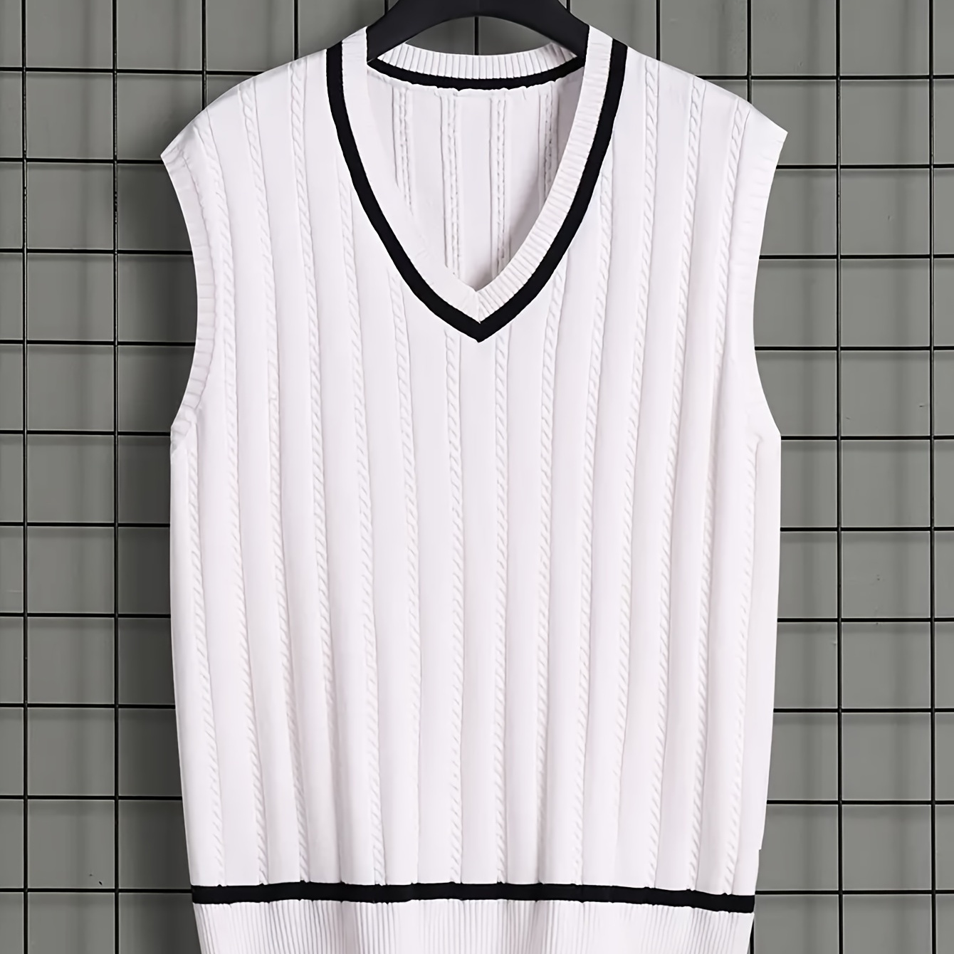 Men's Knitted Sweater Vest With Black Trim Design, Trendy Sleeveless V-neck Pullover For Casual , Spring And Fall
Men's Knitted Sweater Vest With Black Trim Design, Trendy Sleeveless V-neck Pullover For Casual , Spring And Fall