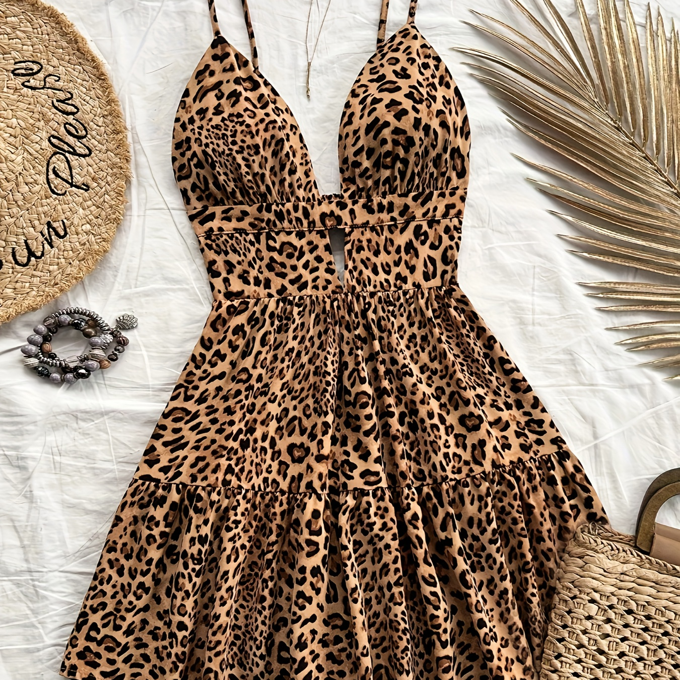 Women's Leopard Print Cami Dress With Floral Hem And Waist A, Knee-length, V-neck, Polyester And Spandex , Machine Washable, Vacation, Layer
Women's Leopard Print Cami Dress With Floral Hem And Waist A, Knee-length, V-neck, Polyester And Spandex , Machine Washable, Vacation, Layer